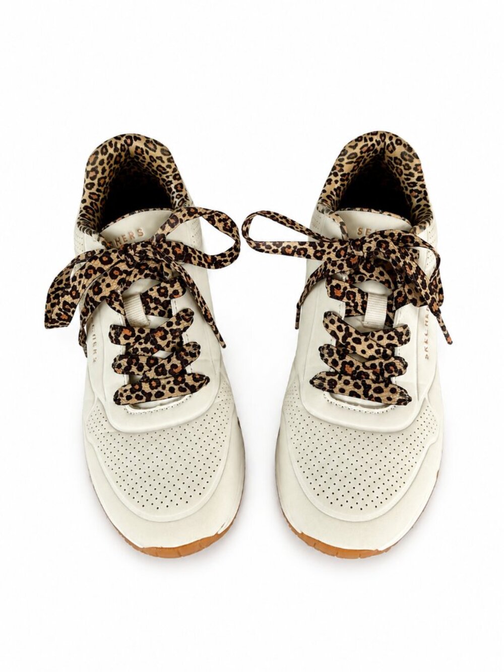 Skechers Girls Size 3 Air Cushion Sneakers Cream Leopard Print Memory Foam